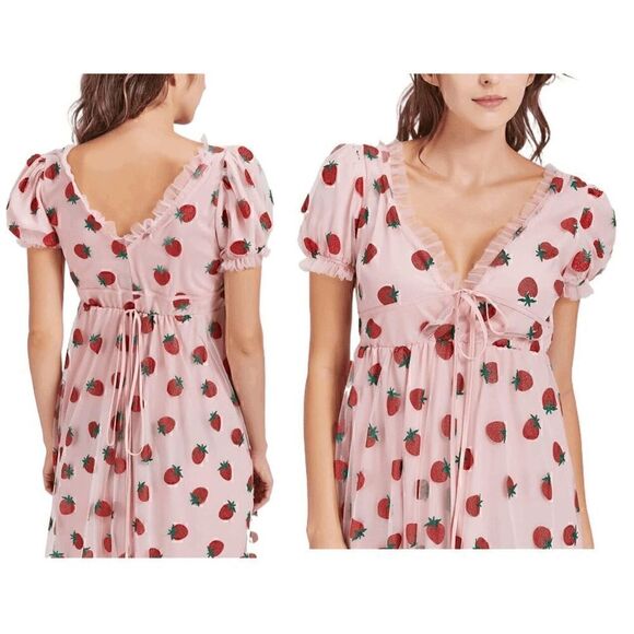 🍓 Strawberry Mesh Tulle Girly Cute Pink Puff Sleeve Glitter Midi Dress S NWT - Picture 9 of 16